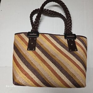 Vintage 60s/70s Earthy Diagonal Stripe Straw Tote Bag
